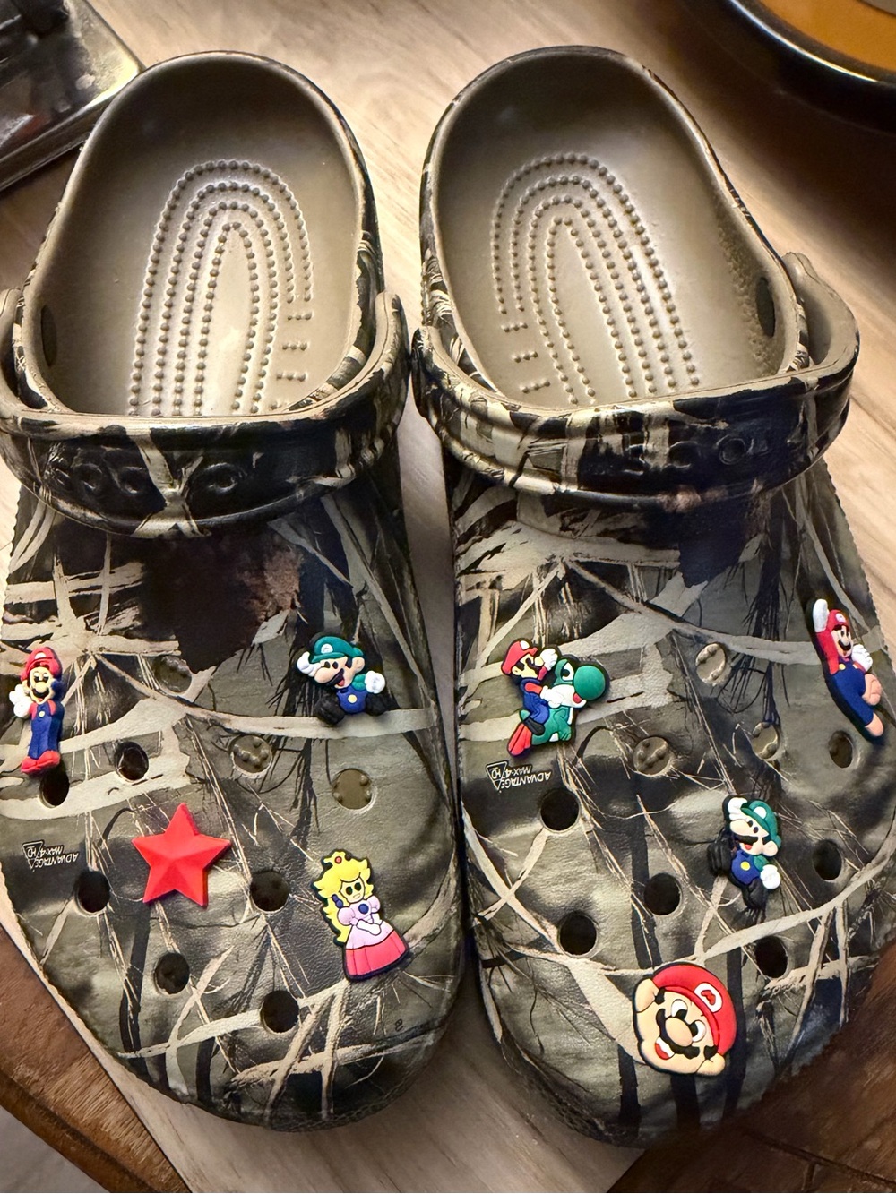 Men’s Camouflage size 11 Clog Shoes with Super Mario Charms - Tan/Black
